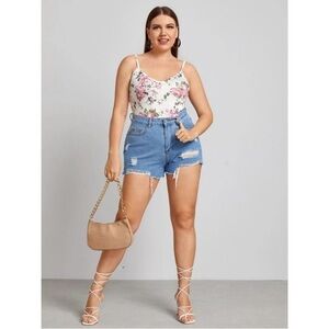 ✨ SHEIN Floral Print Bodysuit 1X Pink Roses Tank Cami Plus Size Gorgeous!